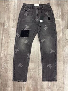 One Teaspoon Women's Black-Grey Distressed Relaxed Jeans with Bird Print